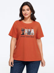 Cute Mummy Ghost Skeleton Cat Print Casual T‑Shirt