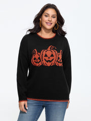 Crew Neck Jack‑O‑Lantern Jacquard Contrast Pullover