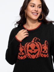 Crew Neck Jack‑O‑Lantern Jacquard Contrast Pullover