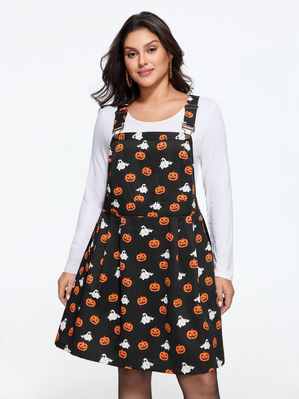 Ghost Pumpkin Print Adjustable Strap Overall Mini Dress