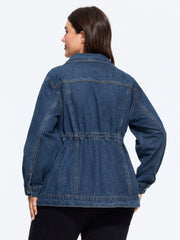 Lapel Collar Adjustable Waist‑Tie Denim Jacket