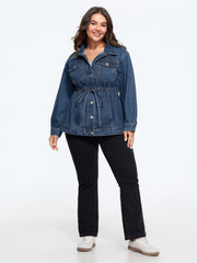 Lapel Collar Adjustable Waist‑Tie Denim Jacket