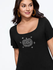 Stretch Rhinestone Jack-O-Lantern T-Shirt