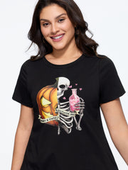 Halloween Pumpkin Skull Print Curved Hem T‑Shirt