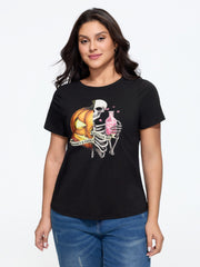 Halloween Pumpkin Skull Print Curved Hem T‑Shirt