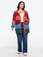 Textured Color‑Block Pocket Open Front Cardigan