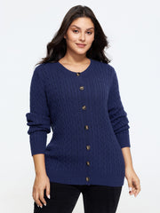 Crew Neck Button‑Down Cable Knit Cardigan