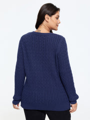 Crew Neck Button‑Down Cable Knit Cardigan