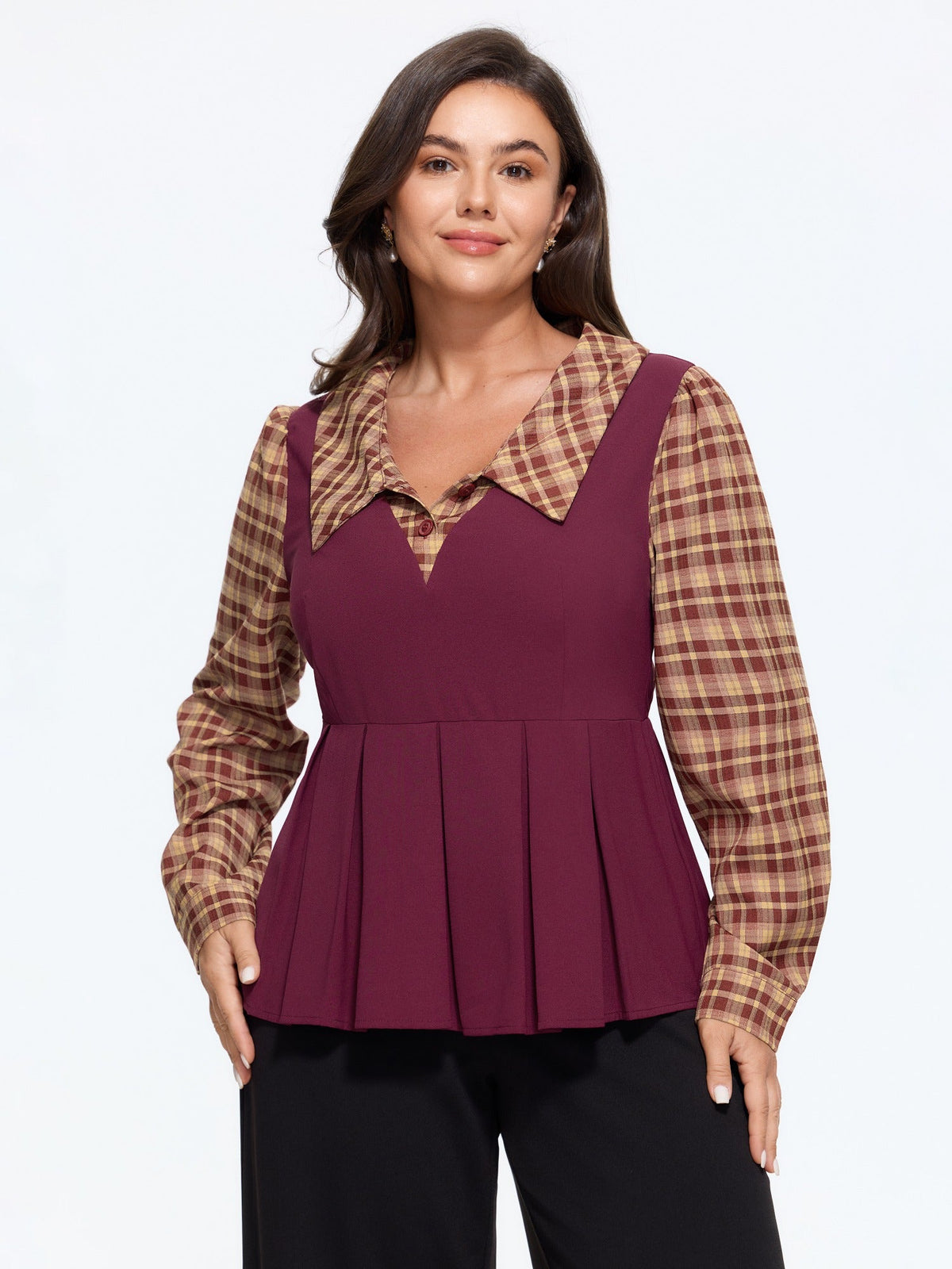 Plaid Collar Pleated Peplum Hem Blouse