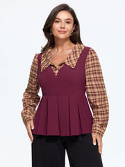 Plaid Collar Pleated Peplum Hem Blouse