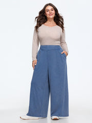 Stretch Washed Shirred Waist Wide Leg Pants