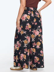 Floral Print Drawstring Waist Wide‑Leg Pants