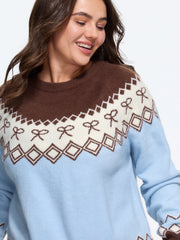 Retro Bow & Diamond Pattern Color Contrast Pullover
