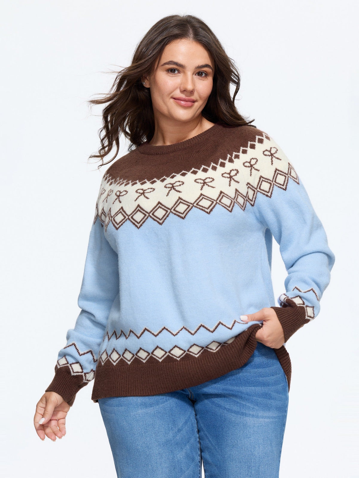 Retro Bow & Diamond Pattern Color Contrast Pullover