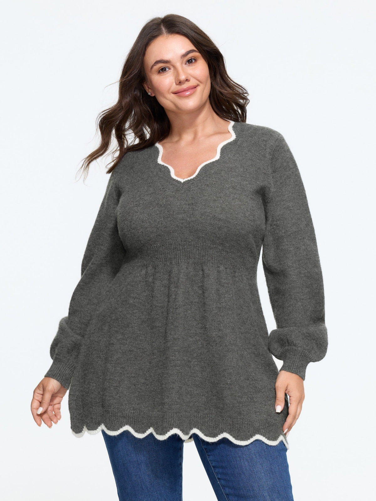 V‑Neck Scalloped Edge Tunic Pullover