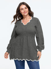 V‑Neck Scalloped Edge Tunic Pullover