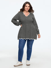 V‑Neck Scalloped Edge Tunic Pullover