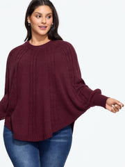 Batwing Sleeve Curved Hem Cable Knit Pullover