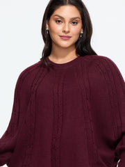 Batwing Sleeve Curved Hem Cable Knit Pullover