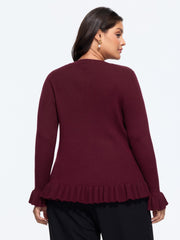 Round Neck Ruffle Hem Button‑Down Ribbed Knit Cardigan