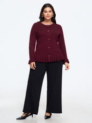 Round Neck Ruffle Hem Button‑Down Ribbed Knit Cardigan