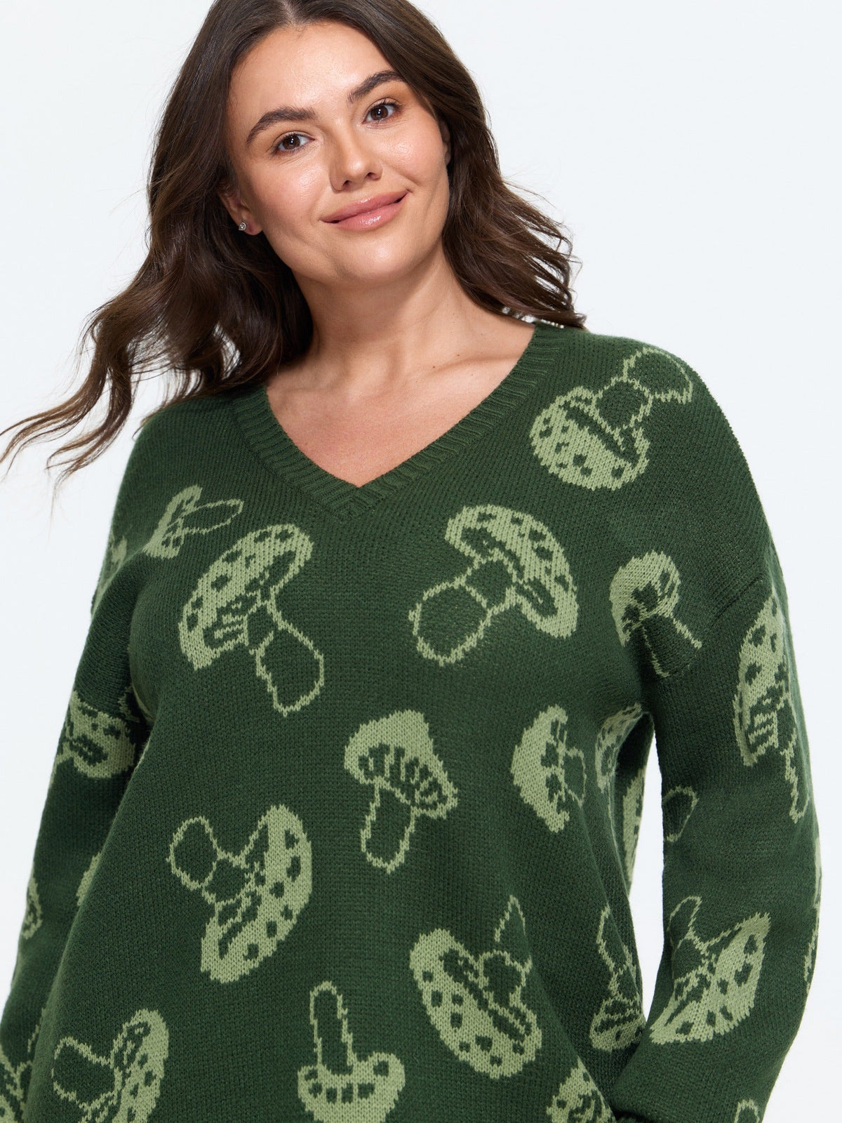 Mushroom Jacquard V‑Neck Pullover