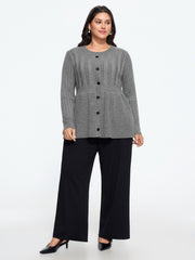 Button‑Front Peplum Hem Ribbed Knit Pullover