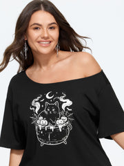 Cotton Halloween Cat Cauldron Pumpkin Print Off Shoulder T‑Shirt