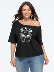 Cotton Halloween Cat Cauldron Pumpkin Print Off Shoulder T‑Shirt