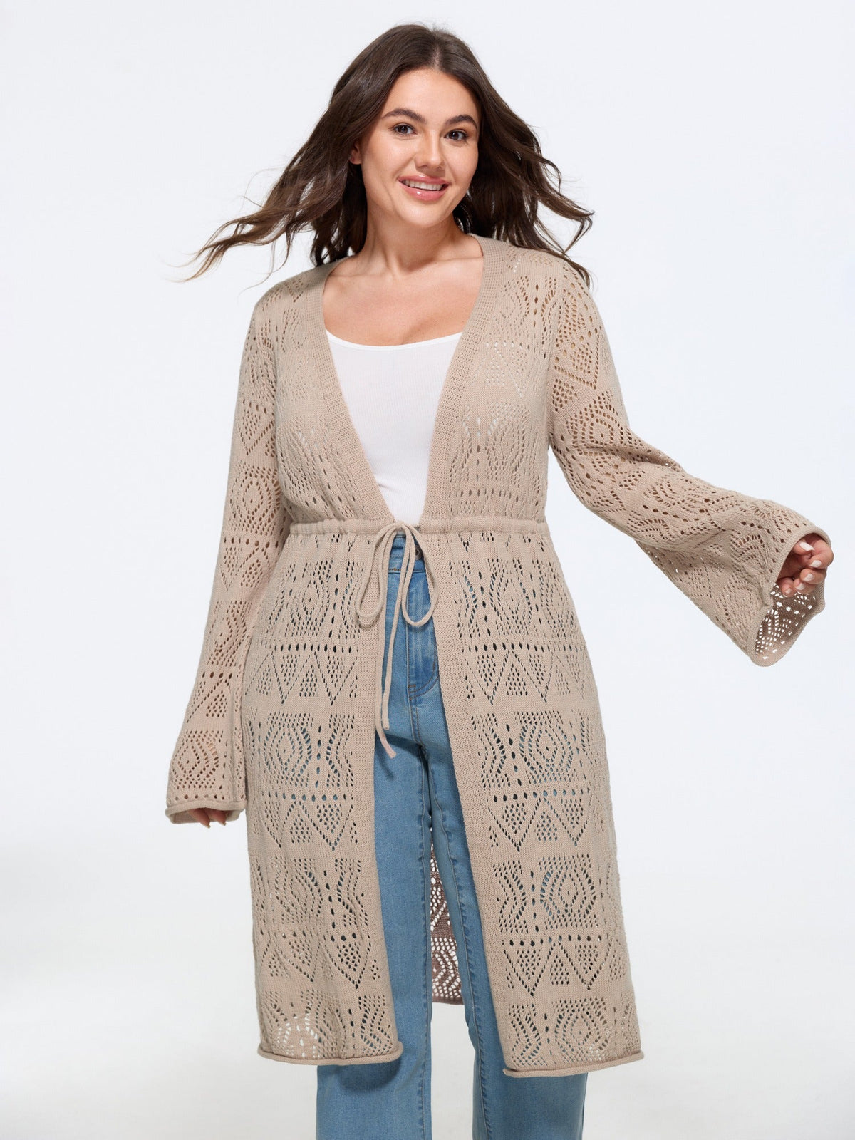 Hollow Drawstring Waist Open‑Front Crochet Cardigan