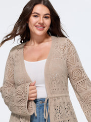 Hollow Drawstring Waist Open‑Front Crochet Cardigan
