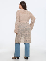 Hollow Drawstring Waist Open‑Front Crochet Cardigan
