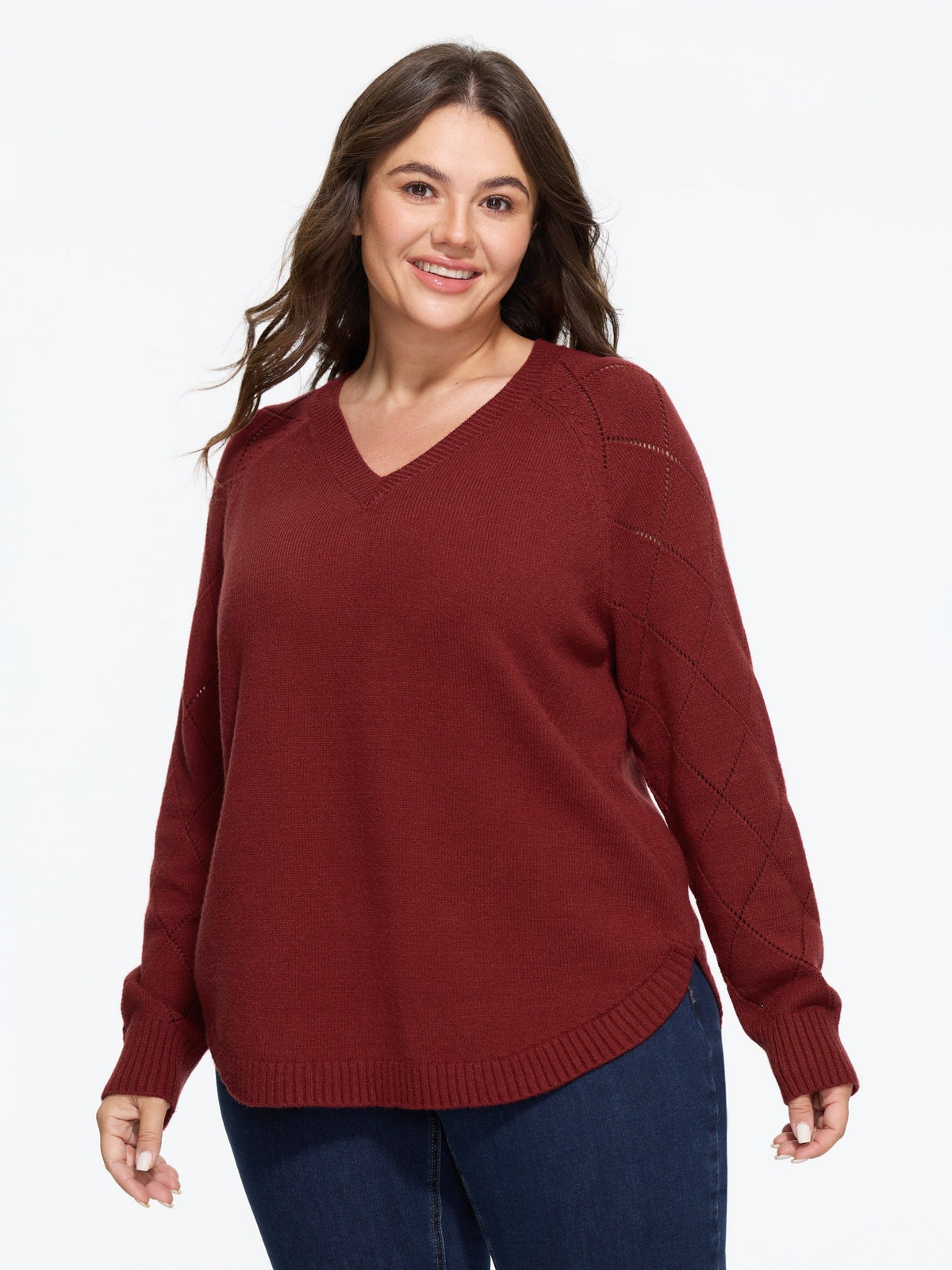 Hollow‑Out Raglan Sleeve Curved Hem Pullover
