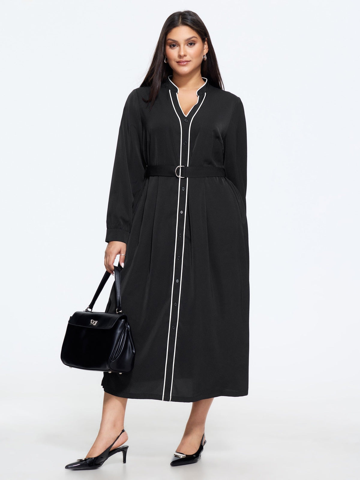 Stand Collar Contrast Piping Belted Midi Dress