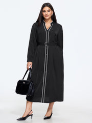 Stand Collar Contrast Piping Belted Midi Dress