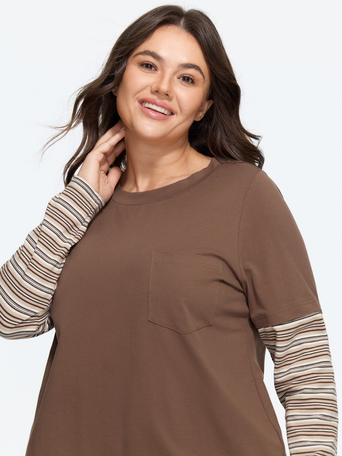 Cotton Crew Neck Striped Splice Sleeves T-Shirt