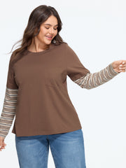 Cotton Crew Neck Striped Splice Sleeves T-Shirt