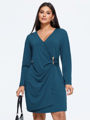 Stretchy Wrap Neck Metal Buckle Ruched Waist Mini Dress