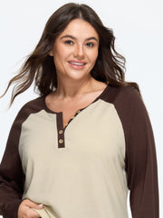 Color Block Raglan Sleeve Button Detail T-Shirt