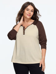 Color Block Raglan Sleeve Button Detail T-Shirt