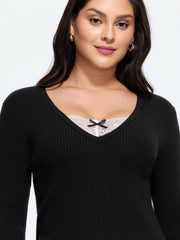 Supersoft V Neck Lace Patchwork Ribbed Knit Pullover