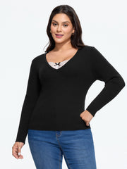 Supersoft V Neck Lace Patchwork Ribbed Knit Pullover