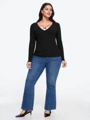 Supersoft V Neck Lace Patchwork Ribbed Knit Pullover