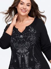 Stretchy Skull Rose Spider Web Print Raglan Sleeve Top