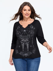 Stretchy Skull Rose Spider Web Print Raglan Sleeve Top