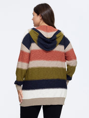 Color Block Striped Hooded Open Front Cardigan