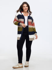 Color Block Striped Hooded Open Front Cardigan