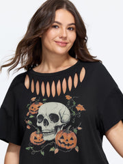 Skull Pumpkin Print Cutout Neck T‑Shirt