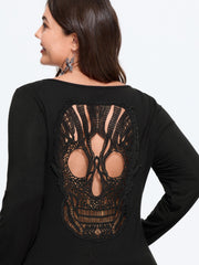 Stretchy Back Skull Lace Cutout Long Sleeve Top