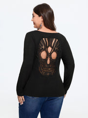 Stretchy Back Skull Lace Cutout Long Sleeve Top